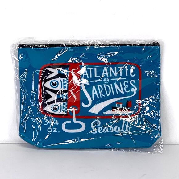 Sardines Tin Can Print Makeup Storage Bag Teal Blue Beach Nautical Fishermancore - Picture 5 of 8